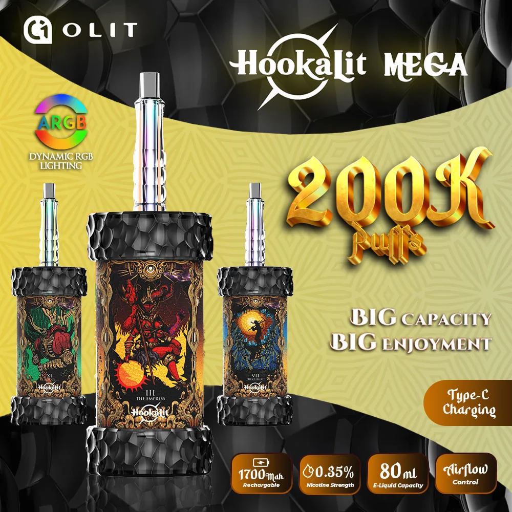 Olit Hookalit Mega 200K — disposable hookah head with threaded shisha-base valve, LED display, and RGB ring