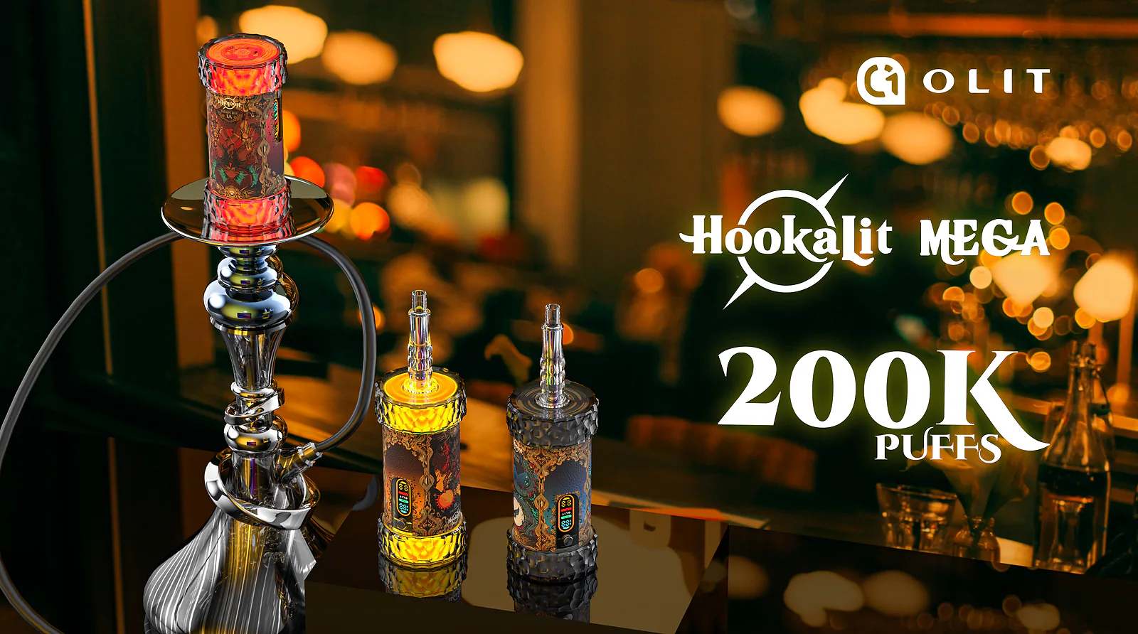 Olit Hookalit Mega 200K disposable hookah heads on a lounge bar top, one screwed onto a traditional shisha base with the hose attached
